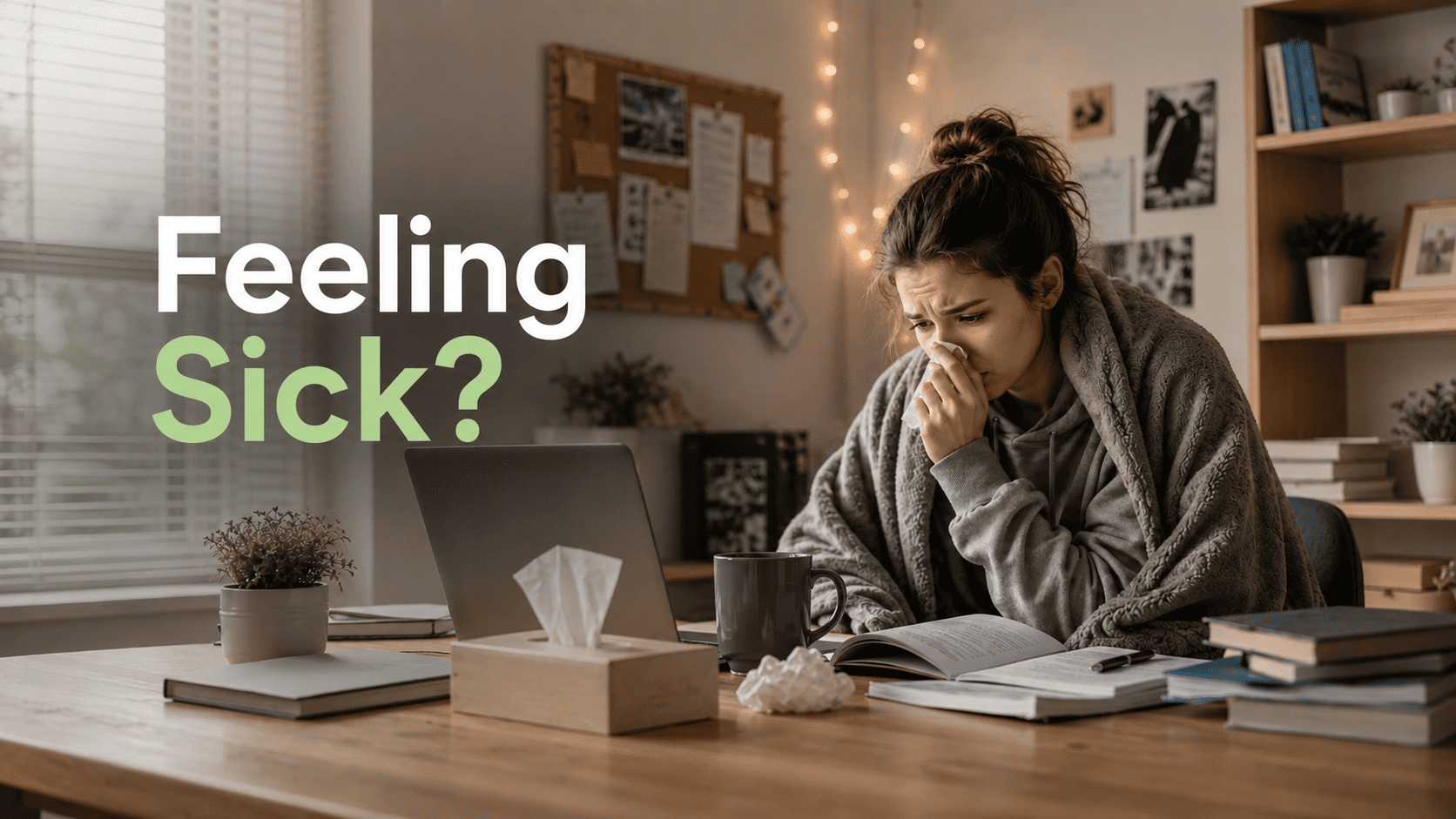 Student studying at home while feeling sick